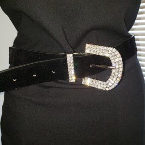 Big Rhinestone Buckle Vintage Velvet Vegan Leather Glam Dress Belt 27-33"